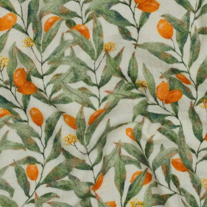 Tissu double gaze motifs kumquat - écru x 10 cm