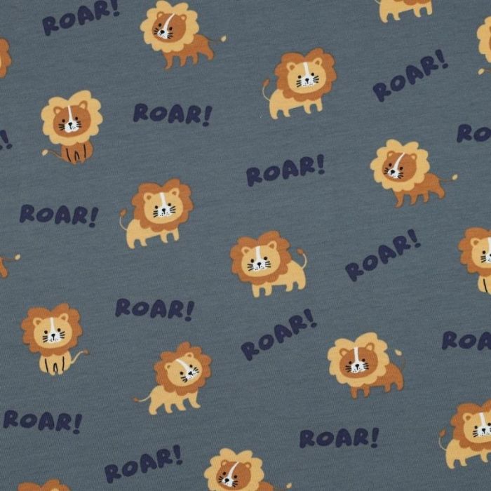 Tissu jersey fin lions - bleu de grisx 10 cm
