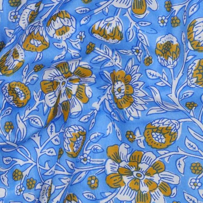 Tissu block print indien Eloria fleurs - bleu ciel x 10 cm