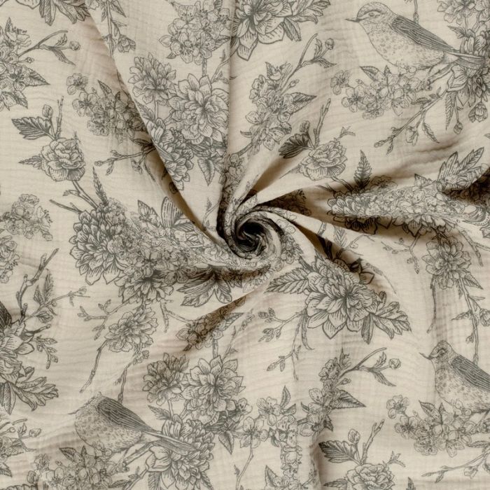 Tissu double gaze toile de jouy - gris x 10 cm