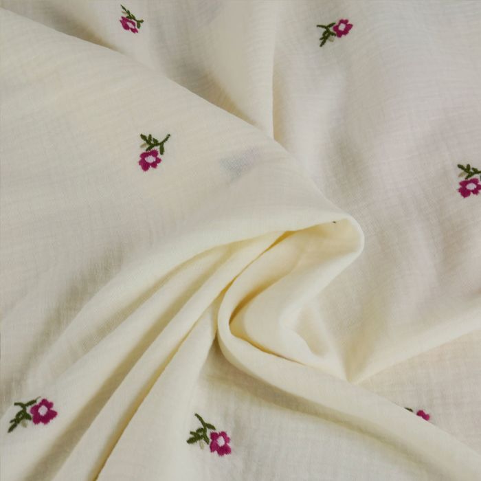 Tissu double gaze broderie fleurs - écru x 10 cm