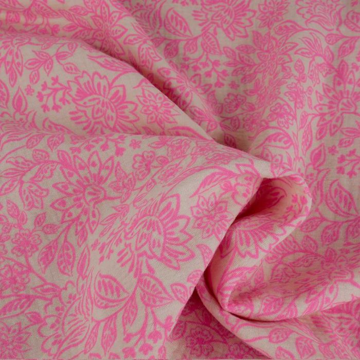 Tissu double gaze fleurs d'Orient - rose x 10 cm