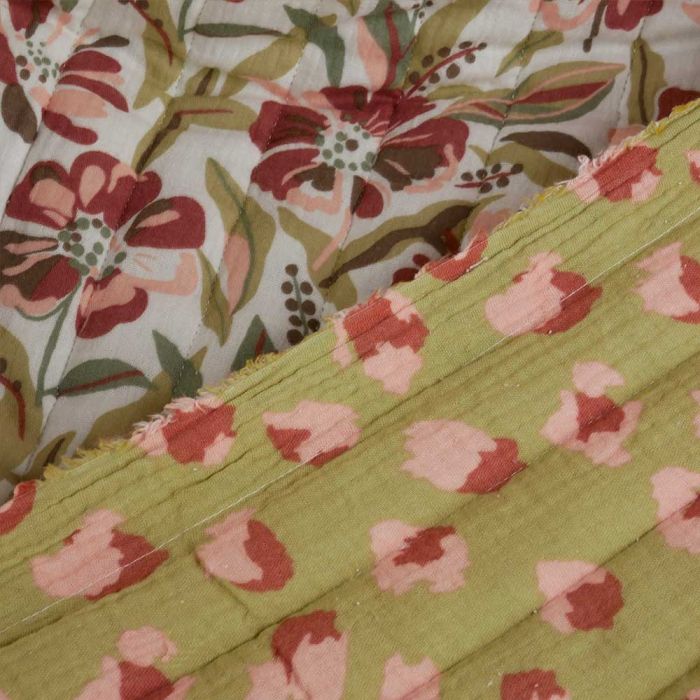 Tissu double gaze matelassée réversible fleurs léopard - blanc vert x 10 cm