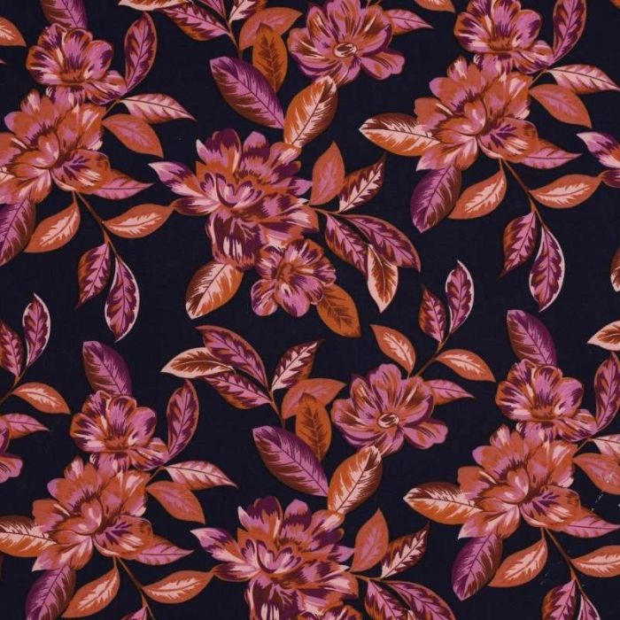 Tissu viscose stretch grandes fleurs - bleu marine x 10 cm