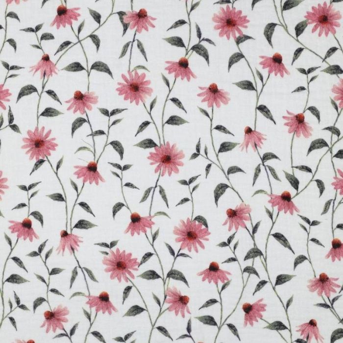 Tissu double gaze motifs marguerites - blanc x 10 cm