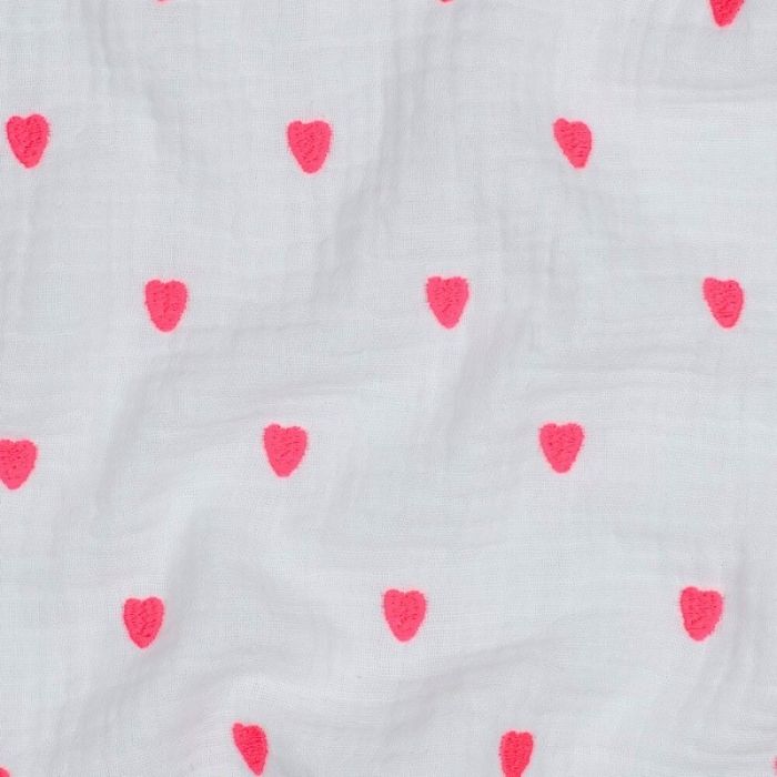 Tissu double gaze coeurs rose fluo - blanc x 10 cm