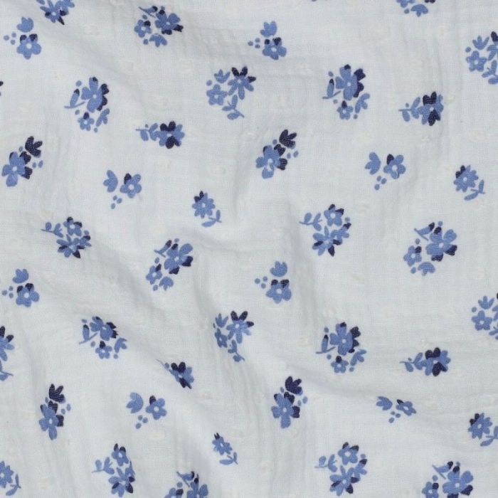 Tissu double gaze plumetis fleurs bleues - blanc x 10 cm