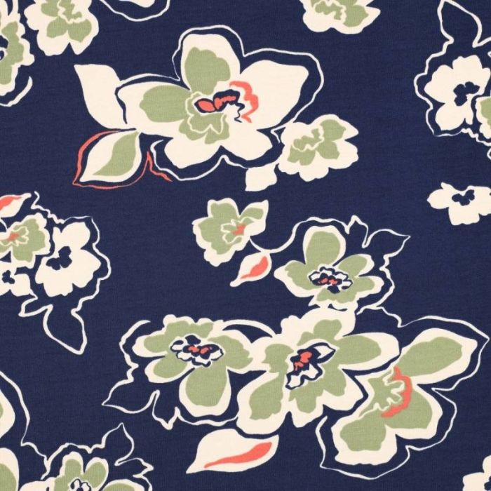 Tissu sweat french terry fleurs abstraites - bleu marine x 10 cm