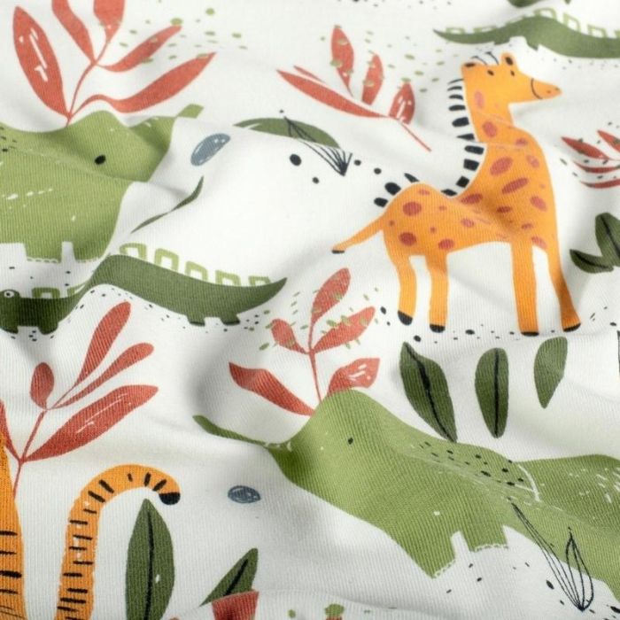 Tissu jersey fin animaux de la savane - blanc cassé x 10 cm