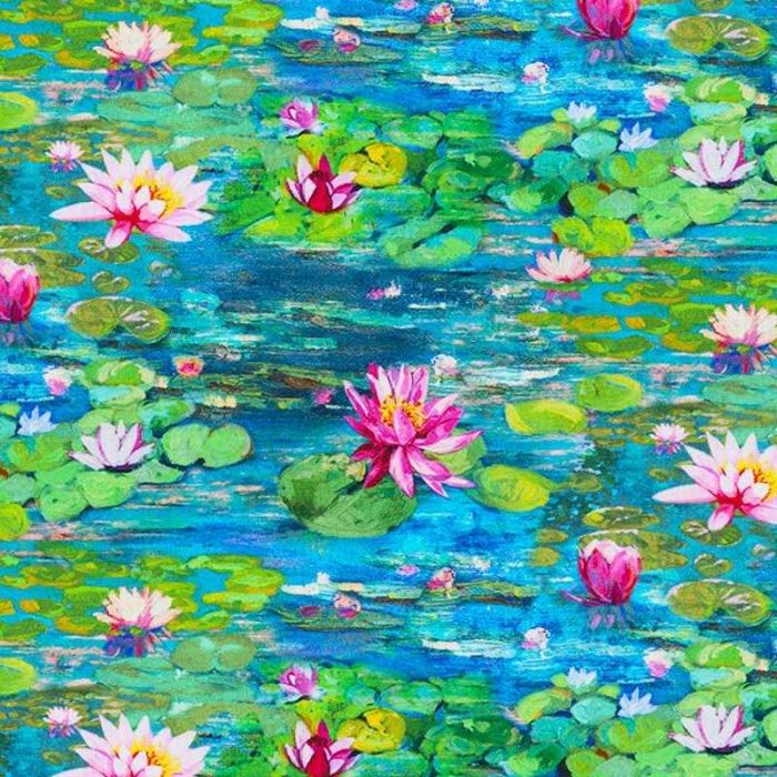 Tissu demi-natté canvas nénuphars - bleu turquoise x 10 cm
