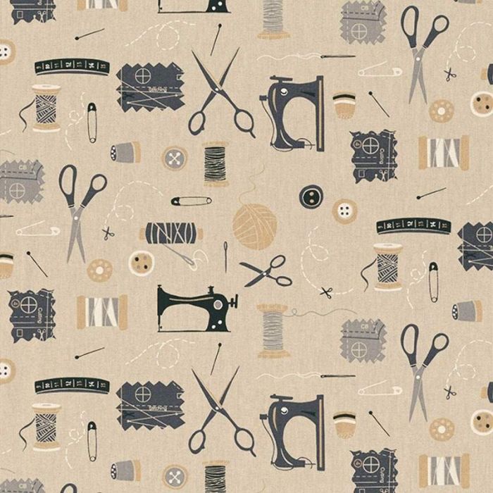 Tissu demi-natté canvas motifs couture - beige x 10 cm