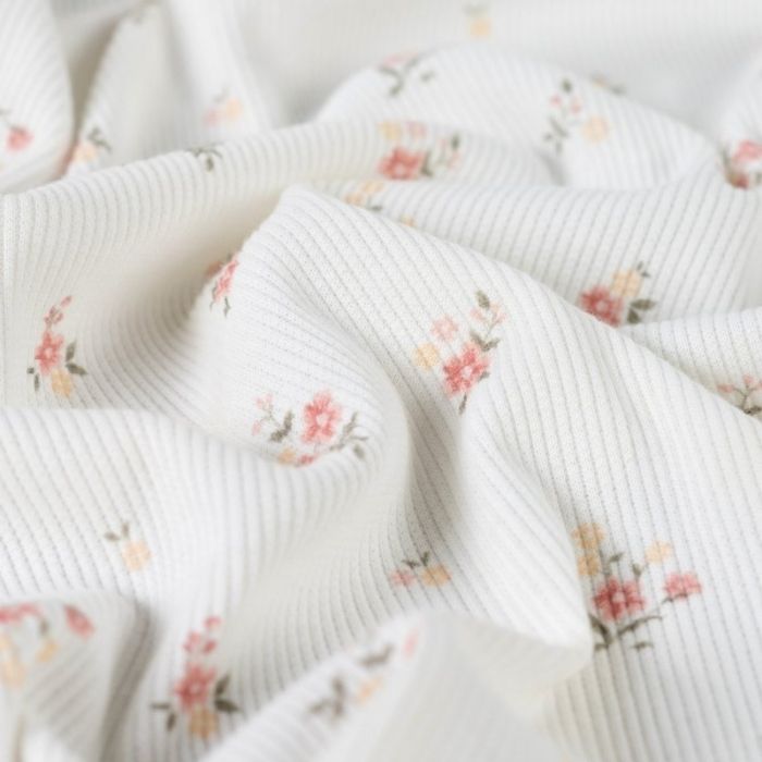 Tissu jersey côtelé fleurs romantiques - blanc cassé x 10 cm