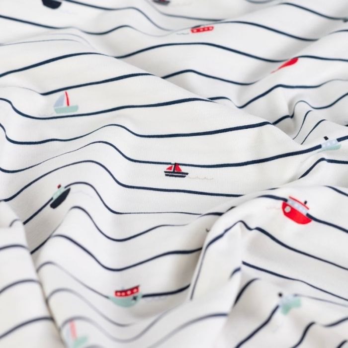 Tissu jersey fin rayures bateaux - blanc cassé x 10 cm