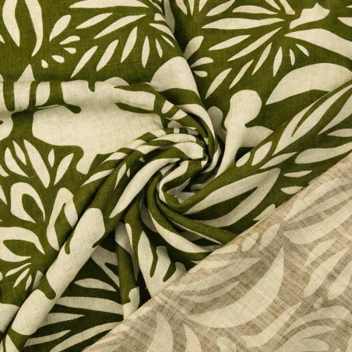 Tissu viscose lin fleurs abstraites - vert olive x 10 cm