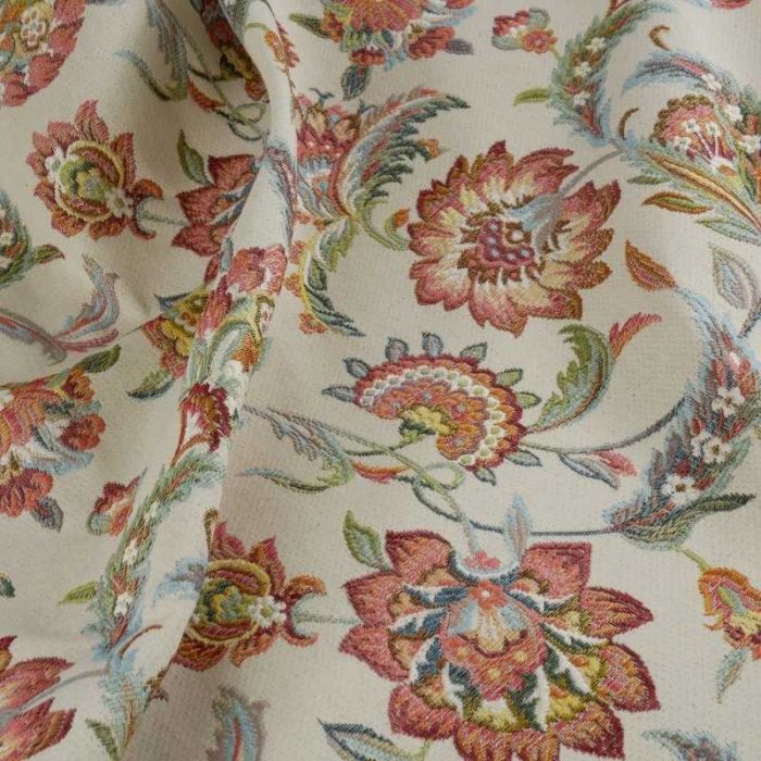 Tissu jacquard gobelin fleurs indiennes - écru x 10 cm