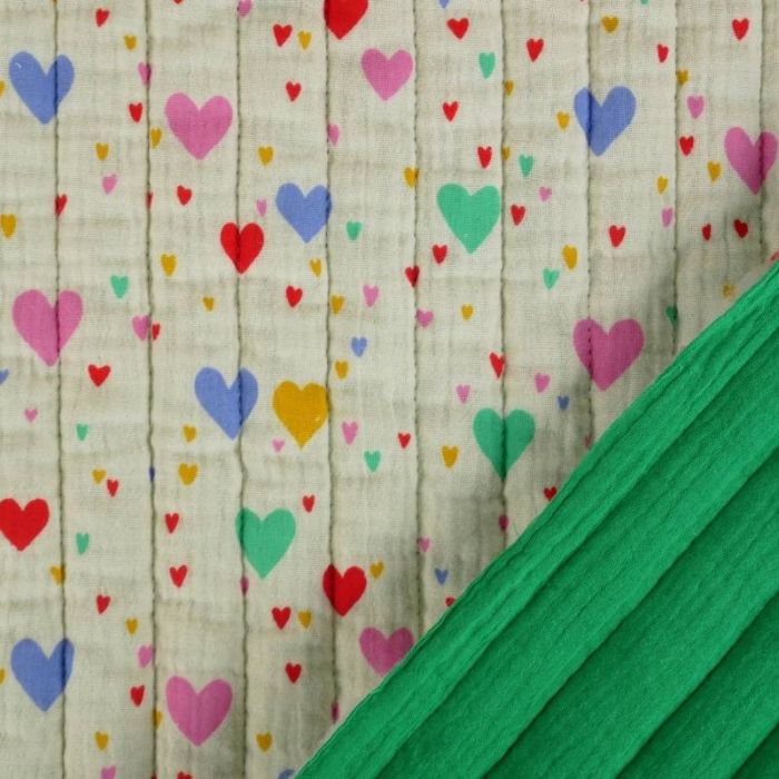 Tissu double gaze matelassée réversible coeurs - multicolore x 10 cm