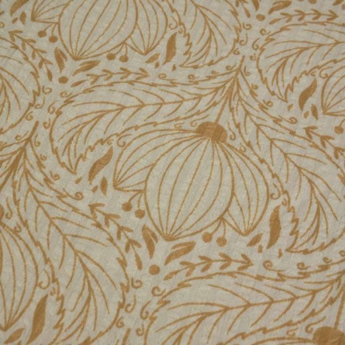 Tissu seersucker fleurs de lotus - beige x 10 cm