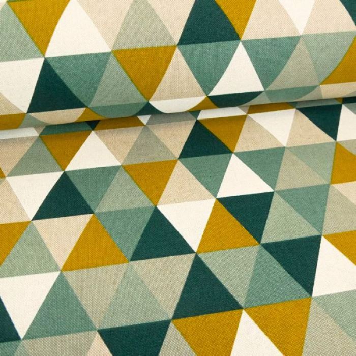 Tissu coton épais effet lin triangles - vert x 10 cm