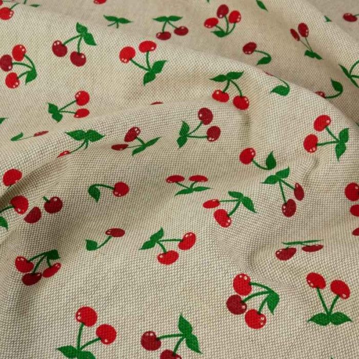 Tissu demi-natté canvas motifs cerises - beige x 10 cm