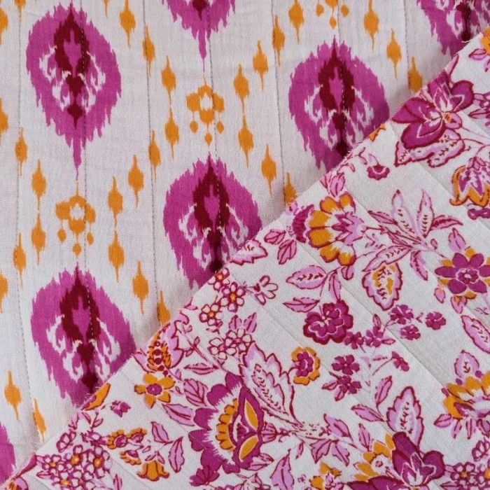 Tissu double gaze matelassée réversible fleurs persanes - rose x 10 cm