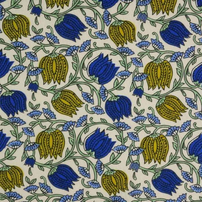 Tissu cretonne arabesques de fleurs - bleu roi x 10 cm