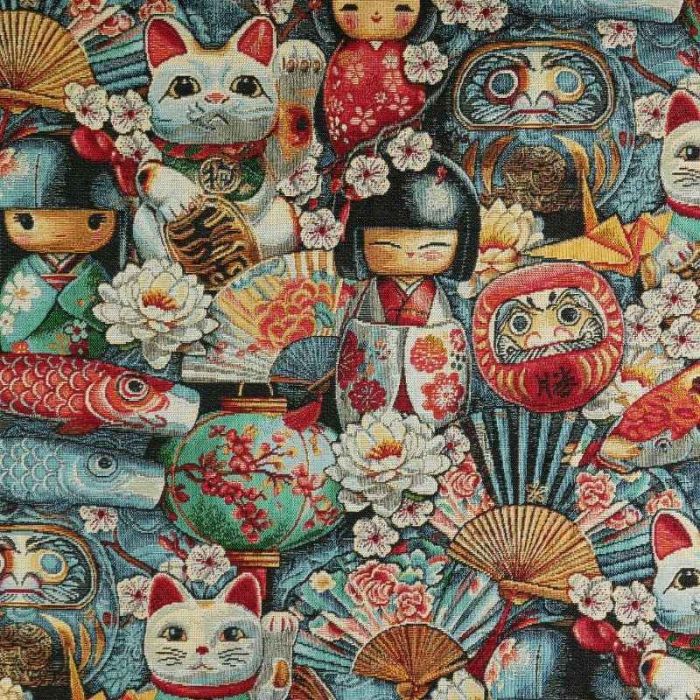 Tissu jacquard gobelin souvenirs japonais - multicolore x 10 cm