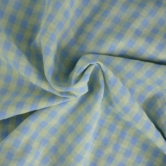 Tissu seersucker vichy carreaux - bleu et jaune x 10 cm