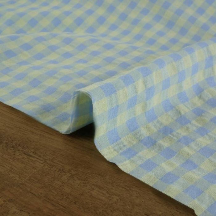 Tissu seersucker vichy carreaux - bleu et jaune x 10 cm