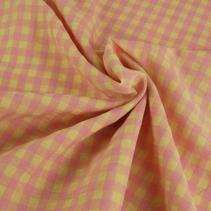 Tissu seersucker vichy carreaux - jaune et rose x 10 cm
