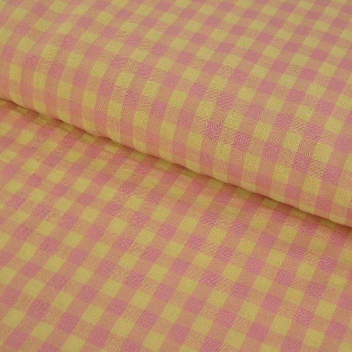 Tissu seersucker vichy carreaux - jaune et rose x 10 cm