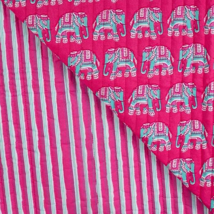 Tissu matelassé réversible éléphants indiens - rose fuchsia x 10 cm
