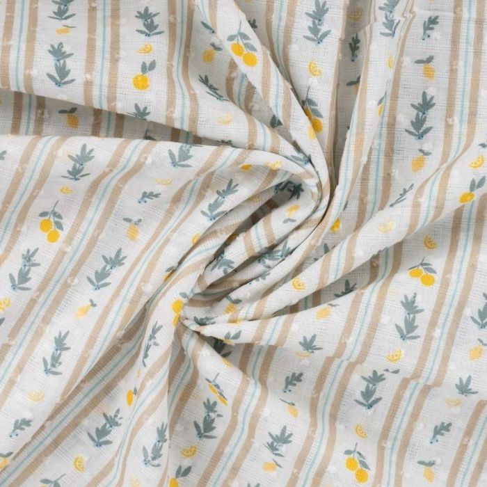Tissu coton plumetis rayures citrons - écru x 10 cm