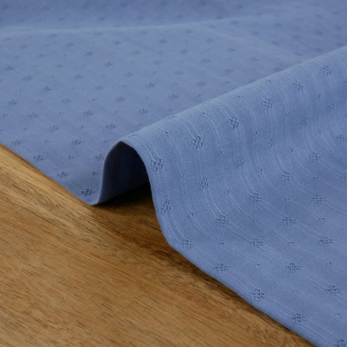 Tissu voile coton brodé rayures - bleu denim x 10 cm