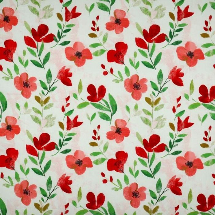 Tissu viscose fleurs coquelicots - blanc x 10 cm