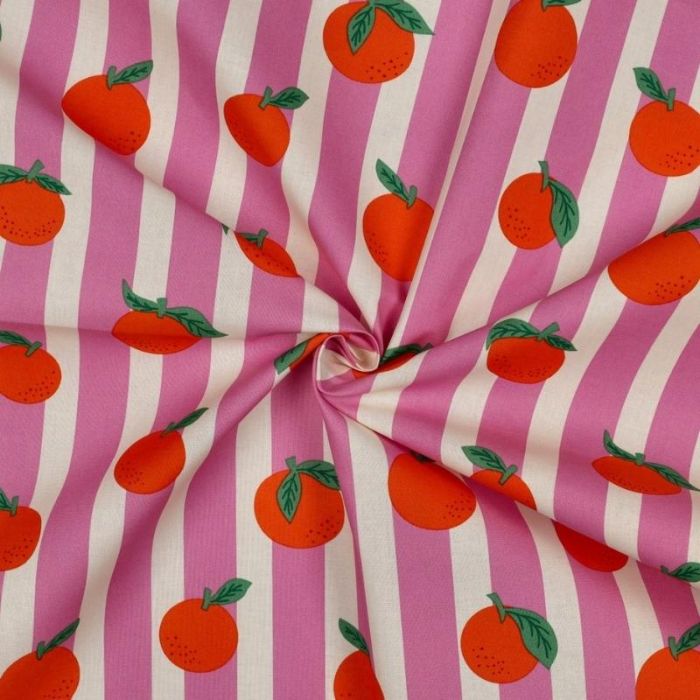 Tissu coton enduit clémentines rayures - rose x 10 cm
