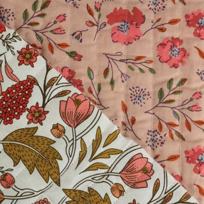 Tissu matelassé réversible fleurs bohème - rose x 10 cm