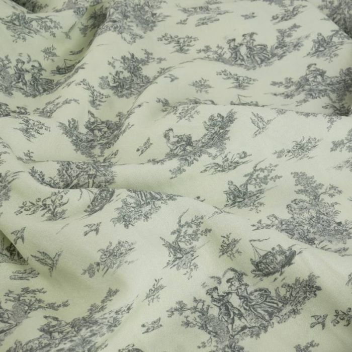 Tissu viscose toile de Jouy gris - écru x 10 cm