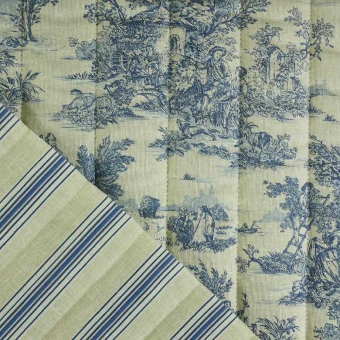 Tissu matelassé réversible toile de Jouy - beige x 10 cm