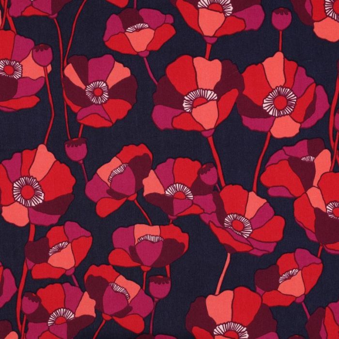 Tissu viscose oeko-tex fleurs multicolore - bleu foncé x 10 cm