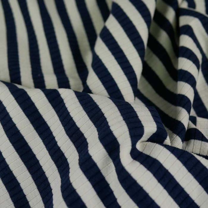 Tissu jersey côtelé fin marinière écru - bleu foncé x 10 cm