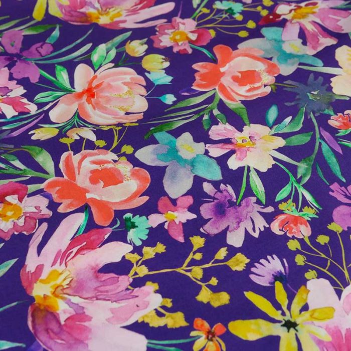 Tissu viscose fleurs aquarelle haute couture - violet x 10 cm