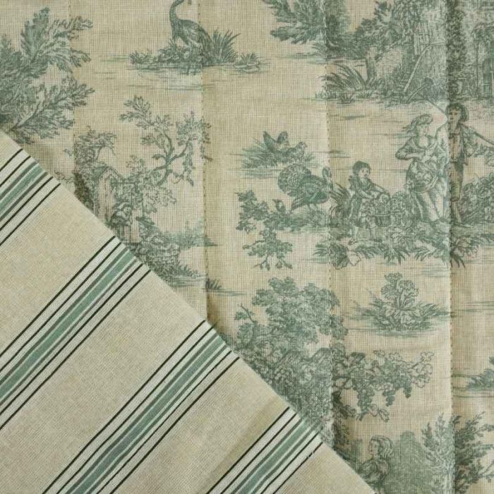 Tissu matelassé réversible toile de Jouy - vert x 10 cm