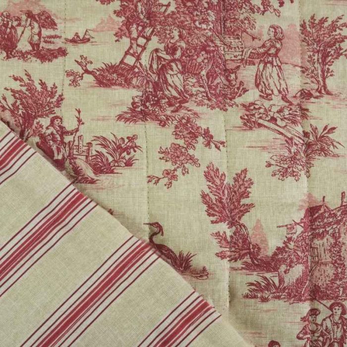 Tissu matelassé réversible toile de Jouy - rouge x 10 cm