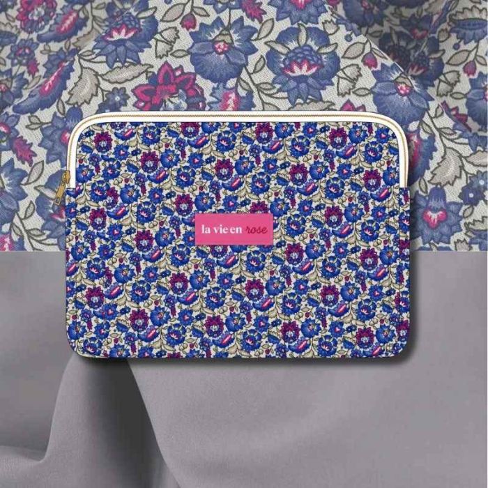 Kit couture - pochette ordinateur matelassée fleurs indiennes cobalt