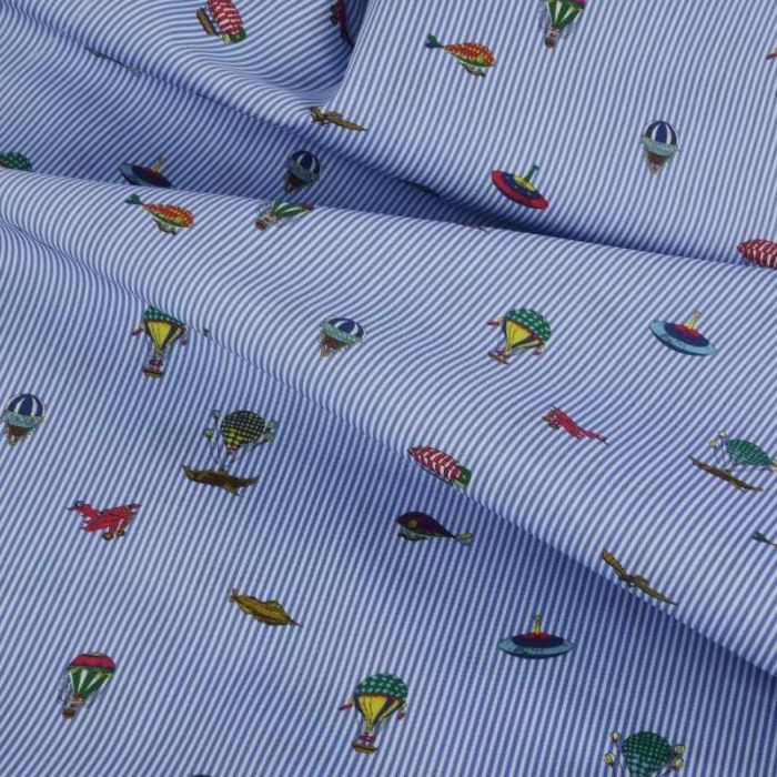 Tissu popeline coton montgolfières haute couture - bleu x 10 cm