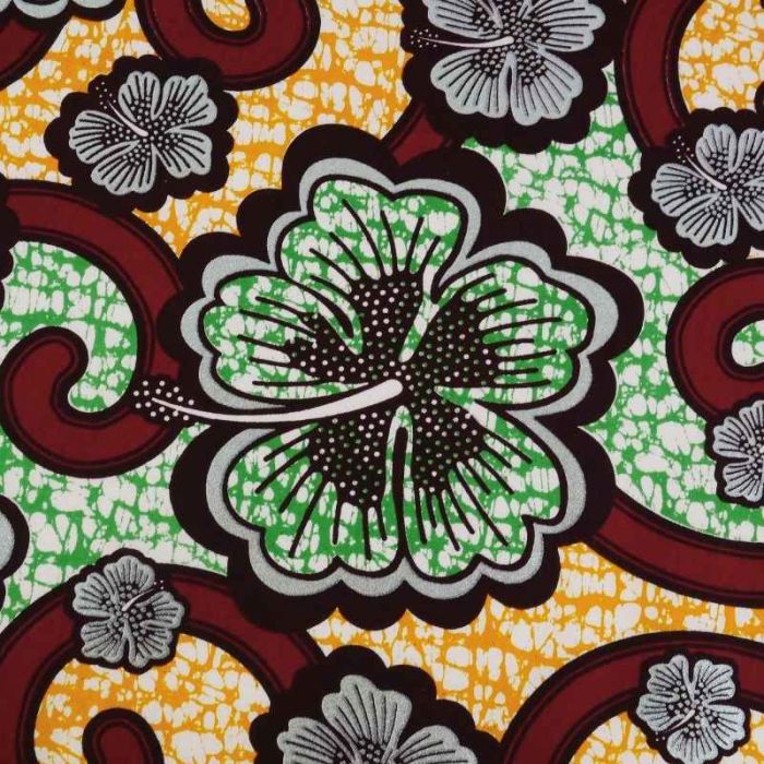 Tissu popeline coton Wax hibiscus - orange et argent x 10 cm