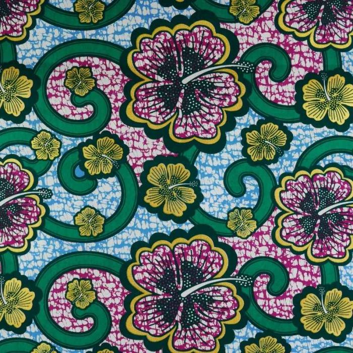 Tissu popeline coton Wax hibiscus - vert et doré x 10 cm