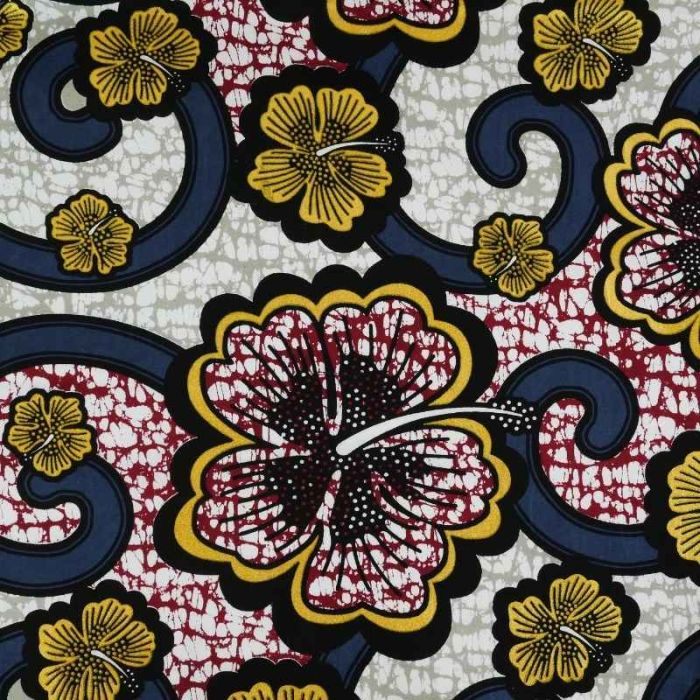 Tissu popeline coton Wax hibiscus - gris et doré x 10 cm