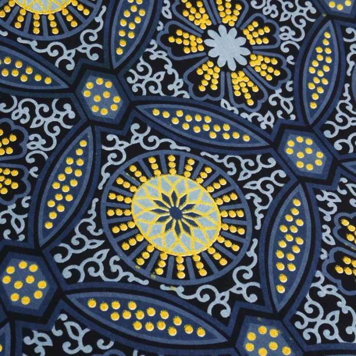 Tissu popeline coton Wax rosaces - bleu et doré x 10 cm