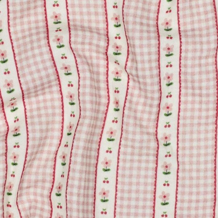 Tissu double gaze vichy fleurs - rose clair x 10 cm